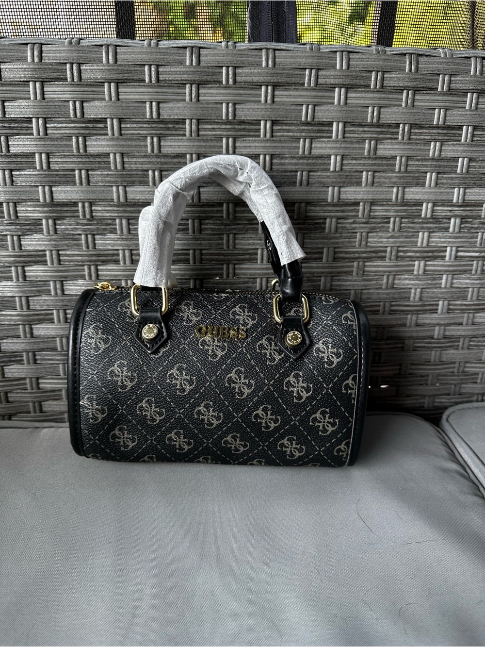 GUESS black Mini Barrel Satchel with Logo Pattern